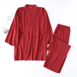 Red Cotton Kimono Style 3/4 Sleeve Pajama Set