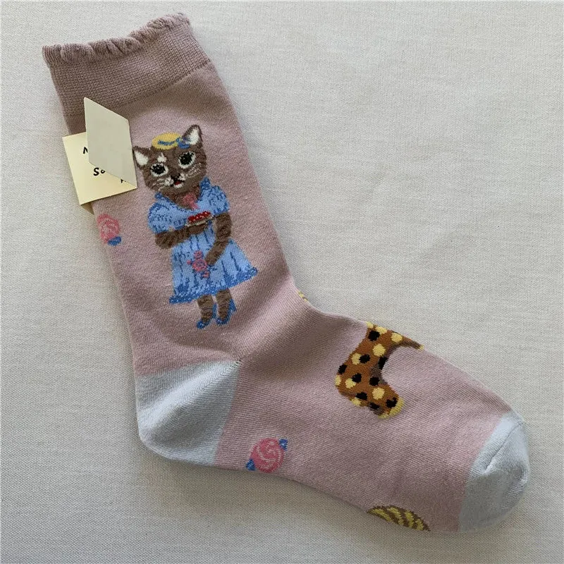 Retro Cartoon Cotton Socks with Original Packaging