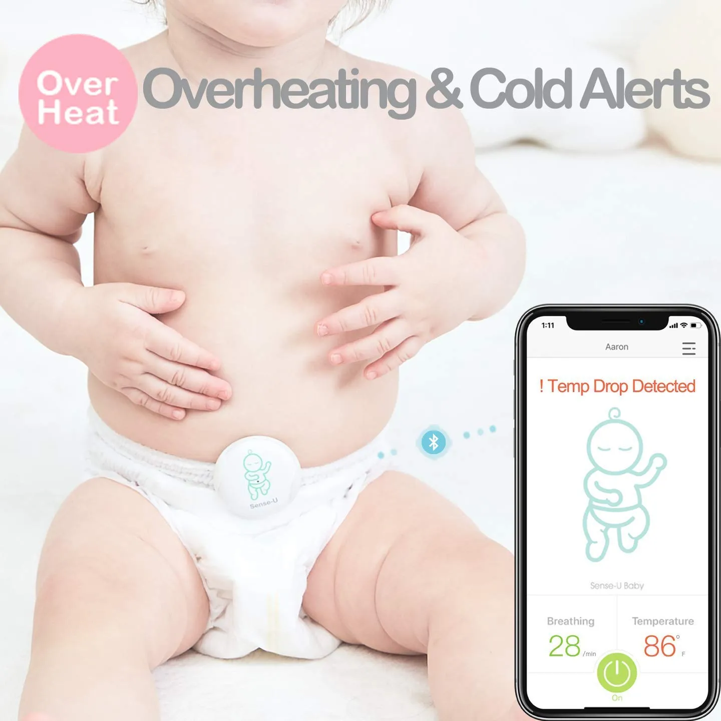 Sense-U Baby Monitor Breathing Rollover Movement Ambient Temperature Portable Alarm Alert You for No Breathing Movement, Stomach Sleeping, Overheating and Getting Cold(2019 Updated Version)