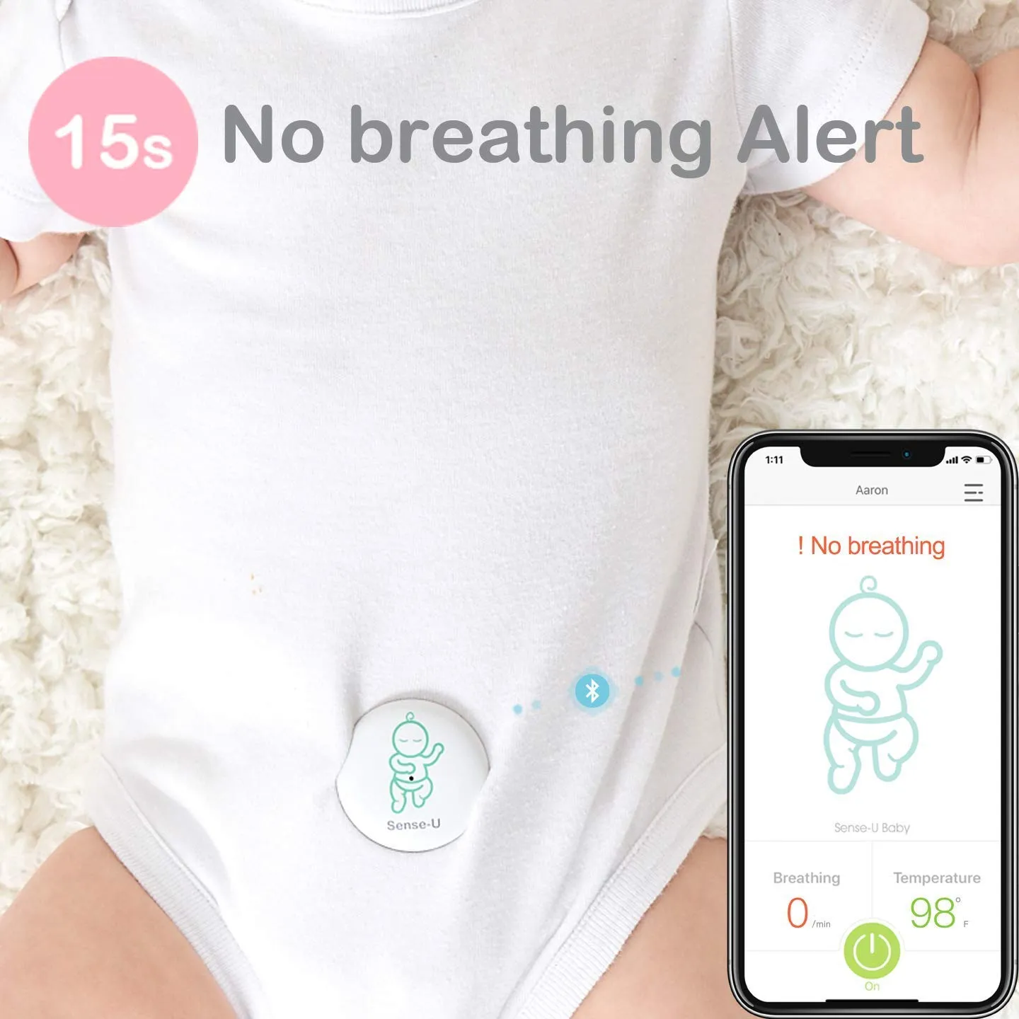 Sense-U Baby Monitor Breathing Rollover Movement Ambient Temperature Portable Alarm Alert You for No Breathing Movement, Stomach Sleeping, Overheating and Getting Cold(2019 Updated Version)