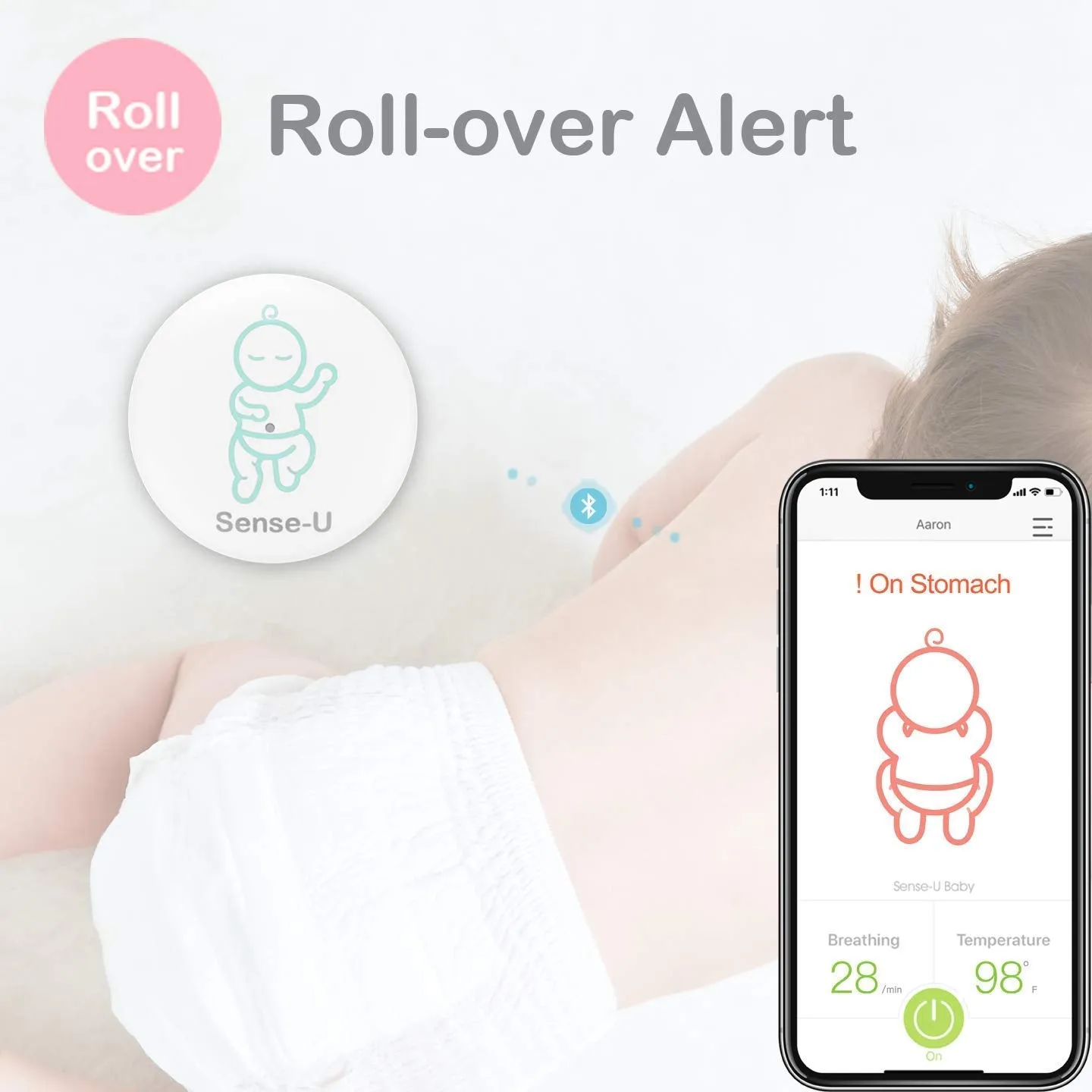 Sense-U Baby Monitor Breathing Rollover Movement Ambient Temperature Portable Alarm Alert You for No Breathing Movement, Stomach Sleeping, Overheating and Getting Cold(2019 Updated Version)