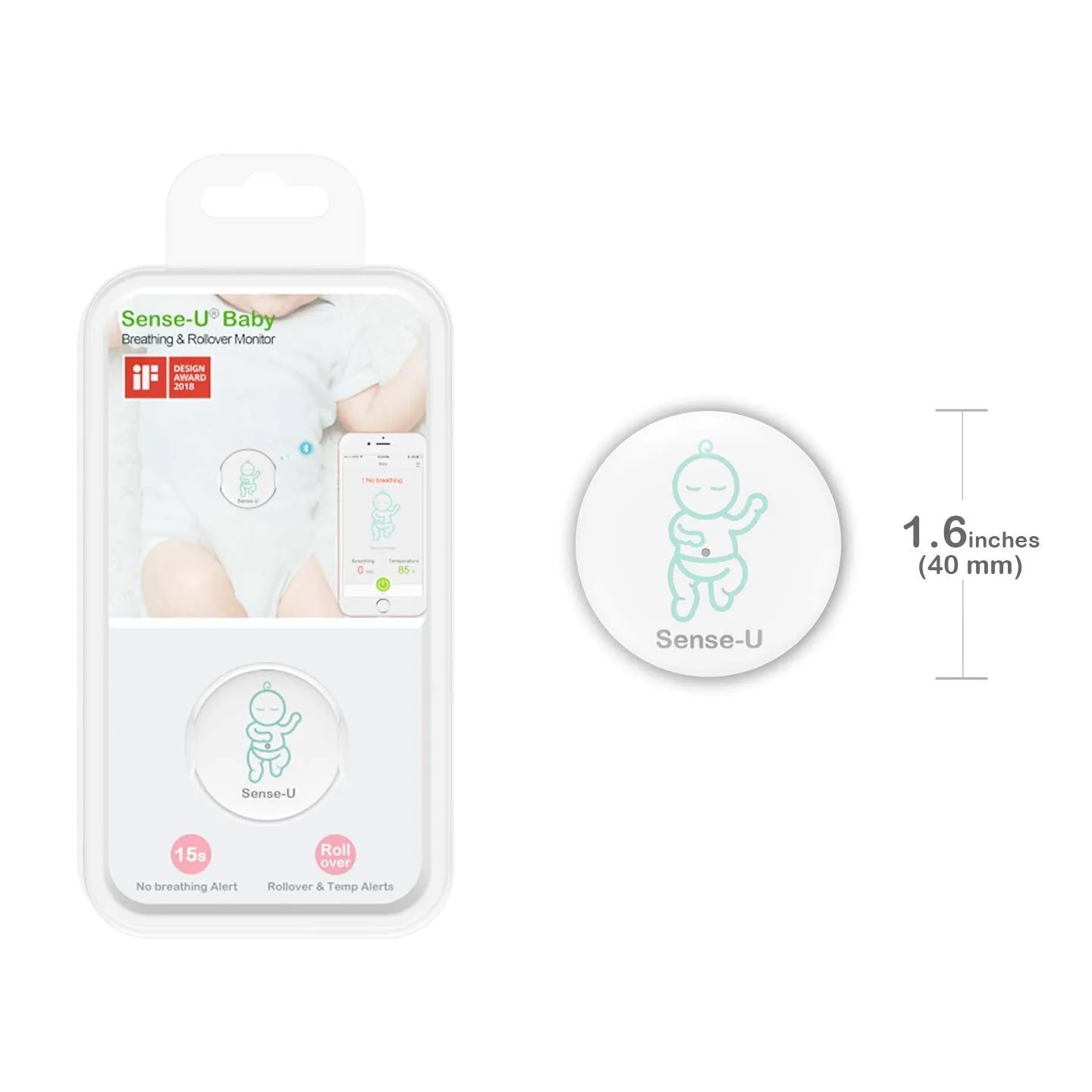 Sense-U Baby Monitor Breathing Rollover Movement Ambient Temperature Portable Alarm Alert You for No Breathing Movement, Stomach Sleeping, Overheating and Getting Cold(2019 Updated Version)