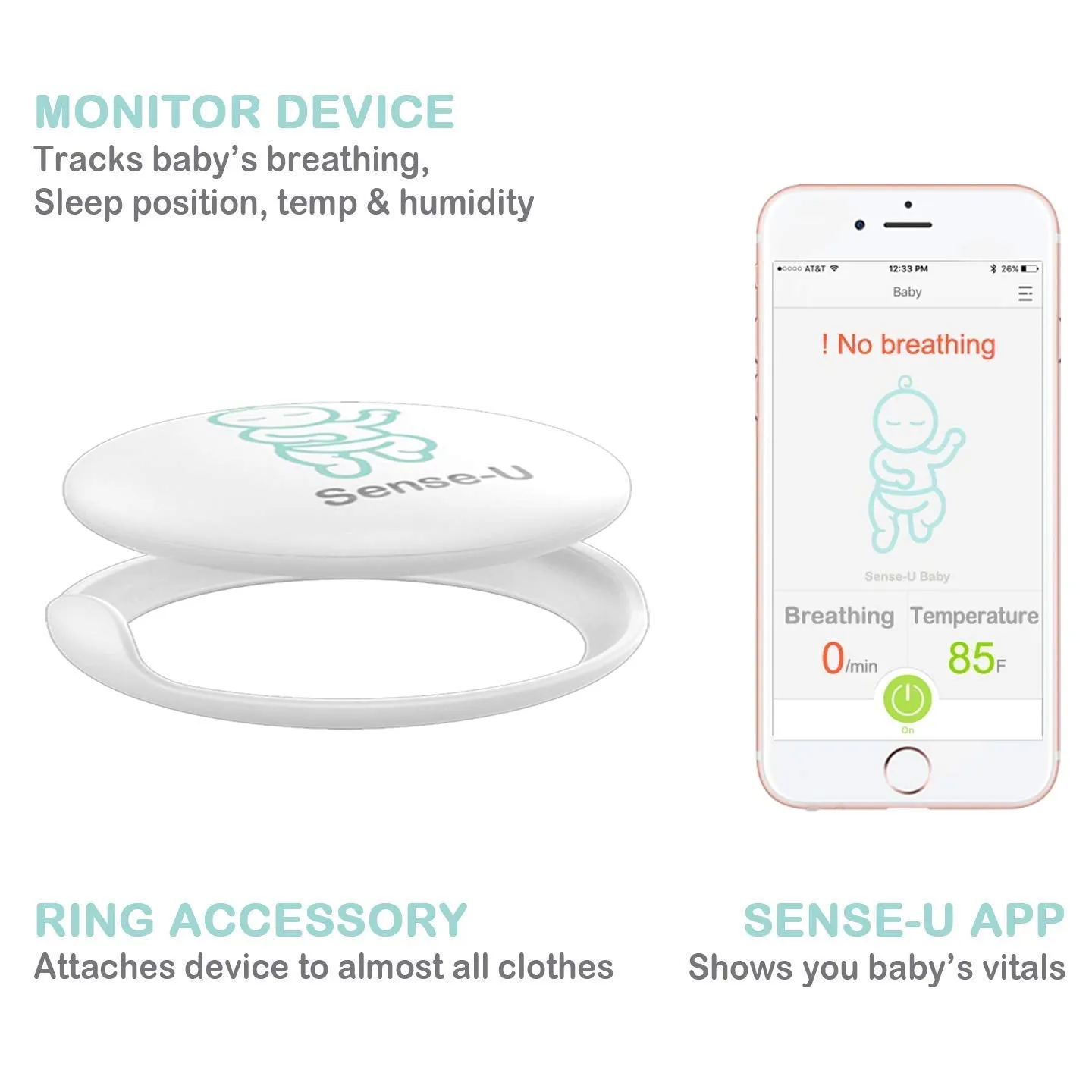 Sense-U Baby Monitor Breathing Rollover Movement Ambient Temperature Portable Alarm Alert You for No Breathing Movement, Stomach Sleeping, Overheating and Getting Cold(2019 Updated Version)