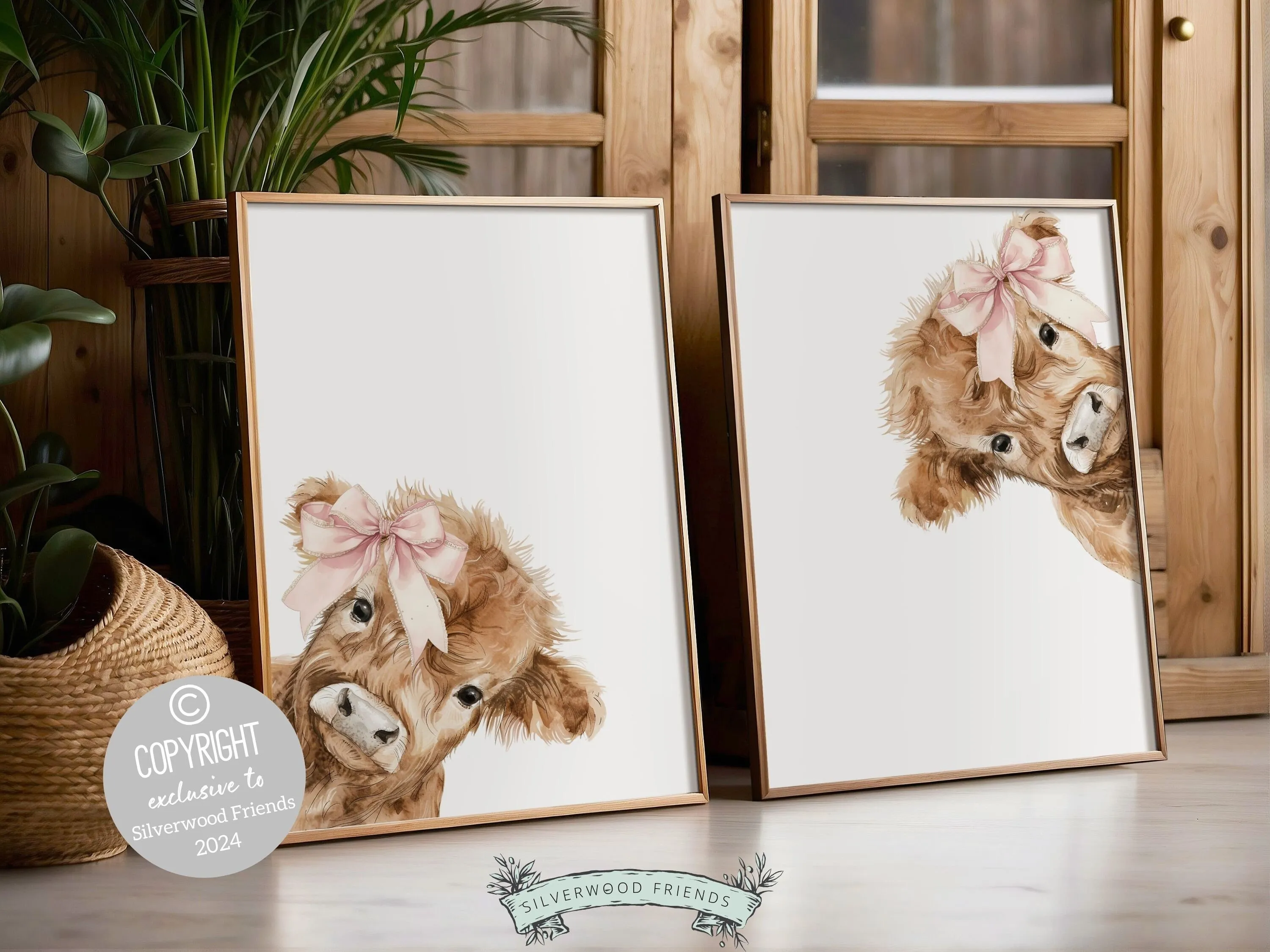 Set of 2 Peeking Baby Highland Cow Nursery Prints