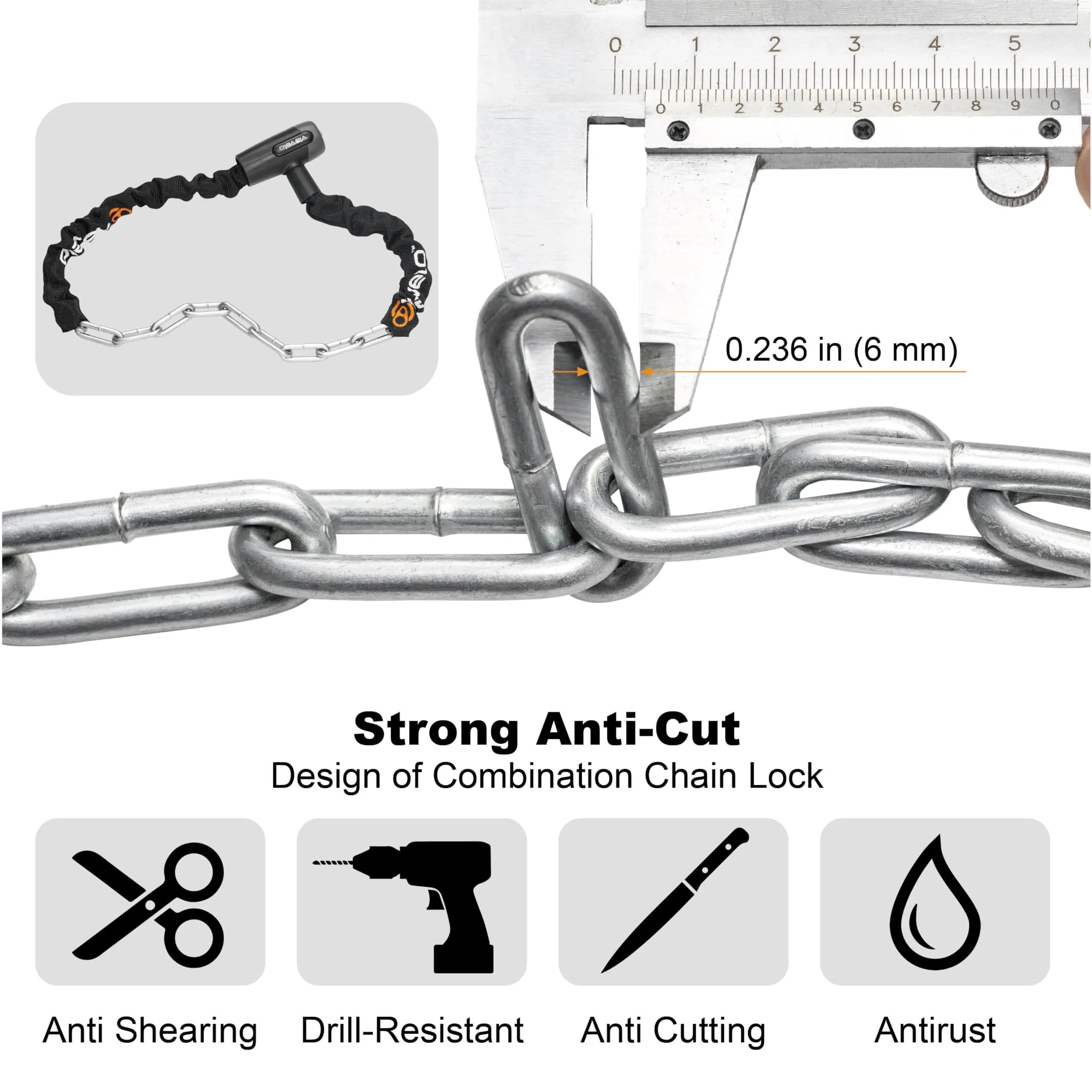 Via Velo Bike Chain Lock, 2.95 Ft 6mm Chain Heavy Duty Anti-Theft Bicycle Lock with 3 Keys, Security Bike Locks for Scooter, Motorcycle, Gate, Fence, Valuables Ect