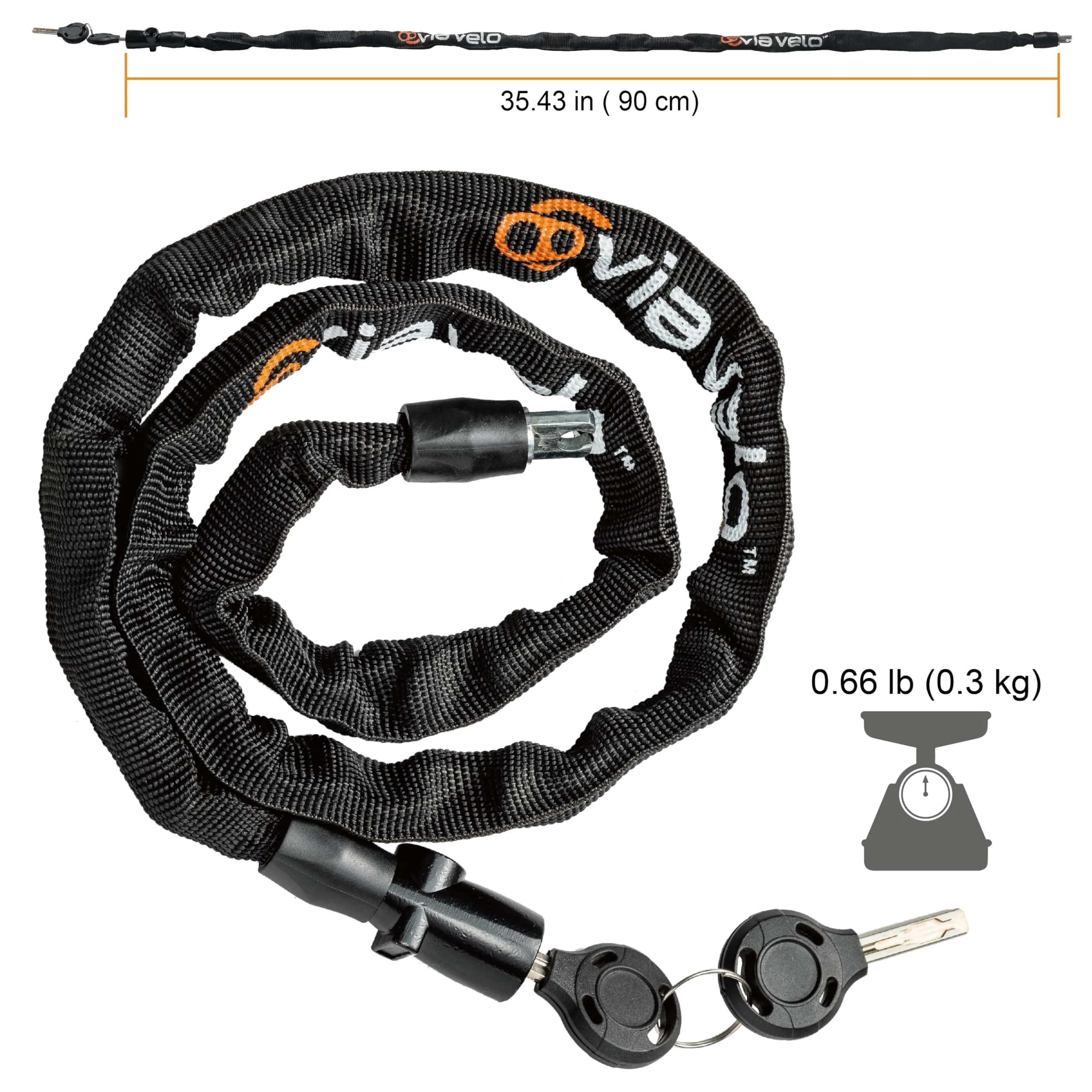 Via Velo Bike Chain Lock, 2.95 Ft Bicycle Lock with 3 Keys, Security Bike Locks for Scooter, Motorcycle, Gate, Fence, Valuables Etc(2.95 feet Long, 3.8 mm Thick)