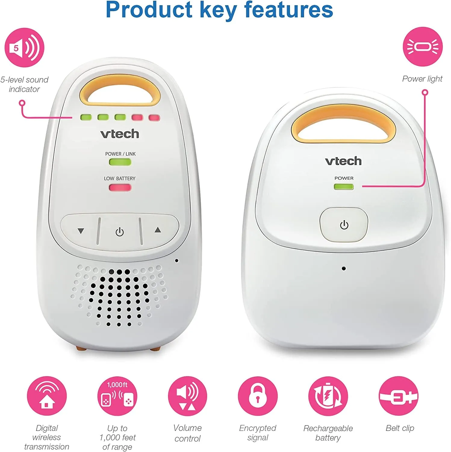 Vtech DM1411 Audio Baby Monitor & Portable Soother Dual-Unit Rechargeable Battery, Long Range, Soft-Glow Night Light, Soothing Sounds & Lullabies, Digital Wireless Transmission, Sound Indicator