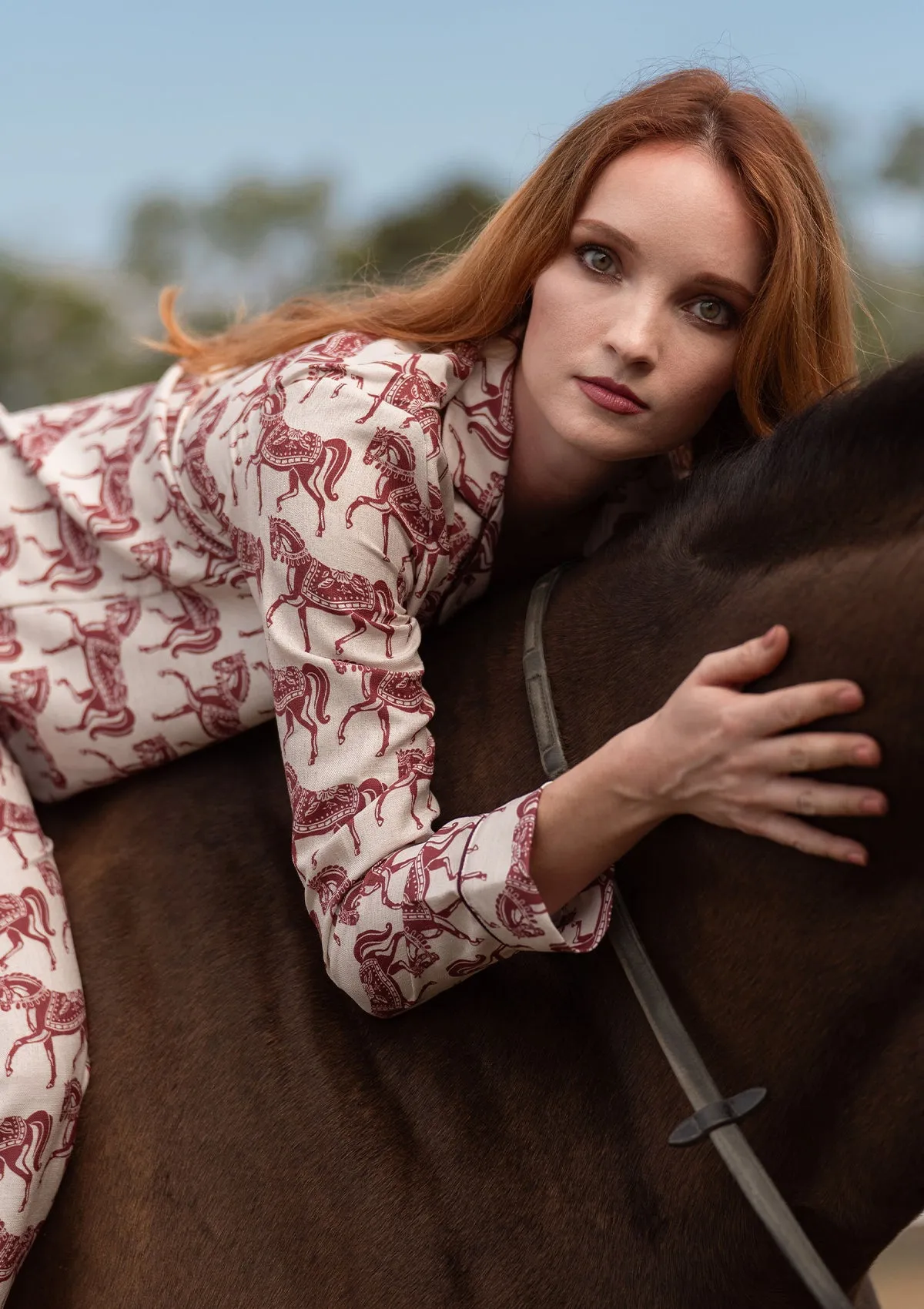 Whisper Long Sleeve PJ's | Blossomare Print | Crimson Cream | Equestrian Sleepwear Collection