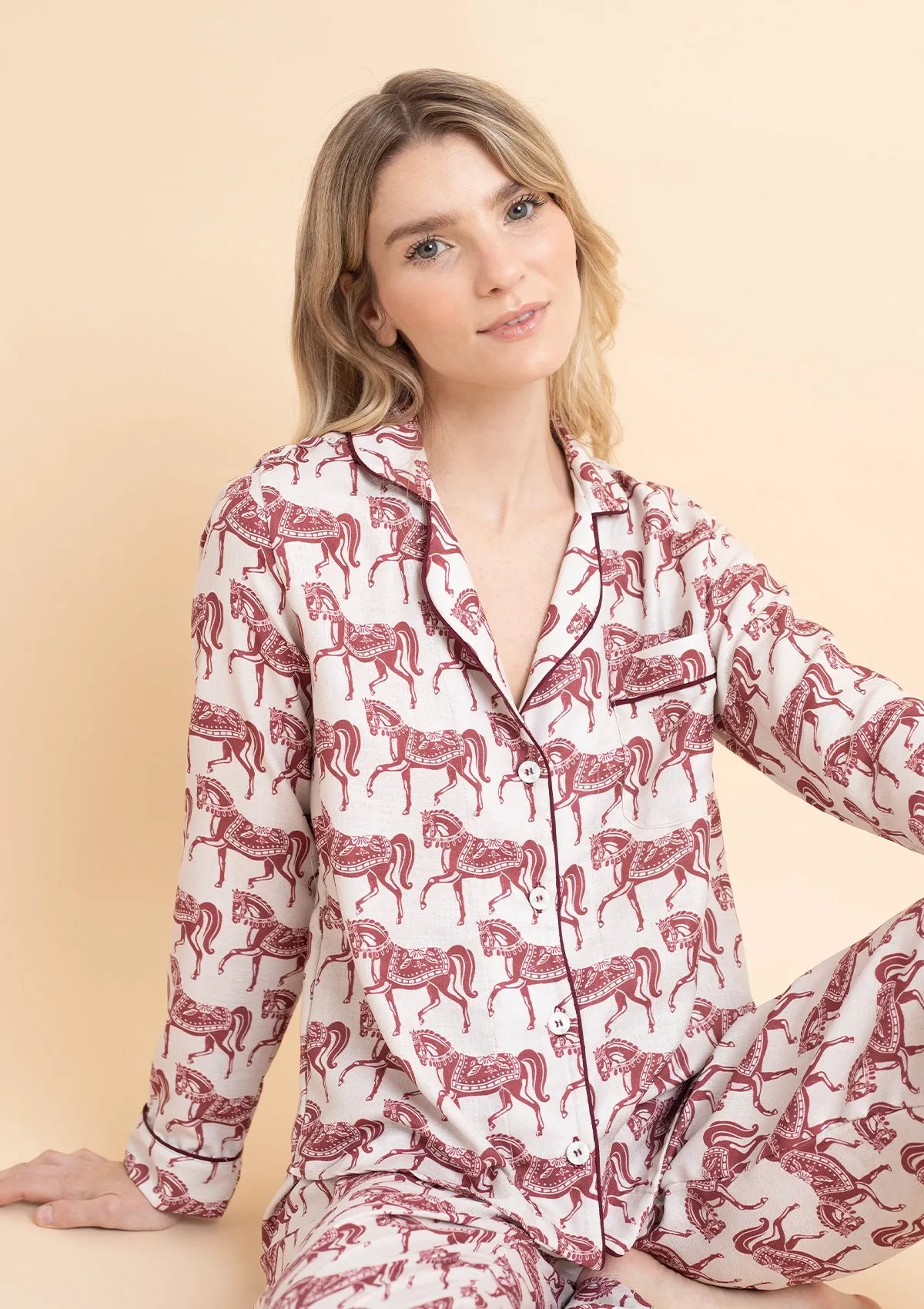 Whisper Long Sleeve PJ's | Blossomare Print | Crimson Cream | Equestrian Sleepwear Collection