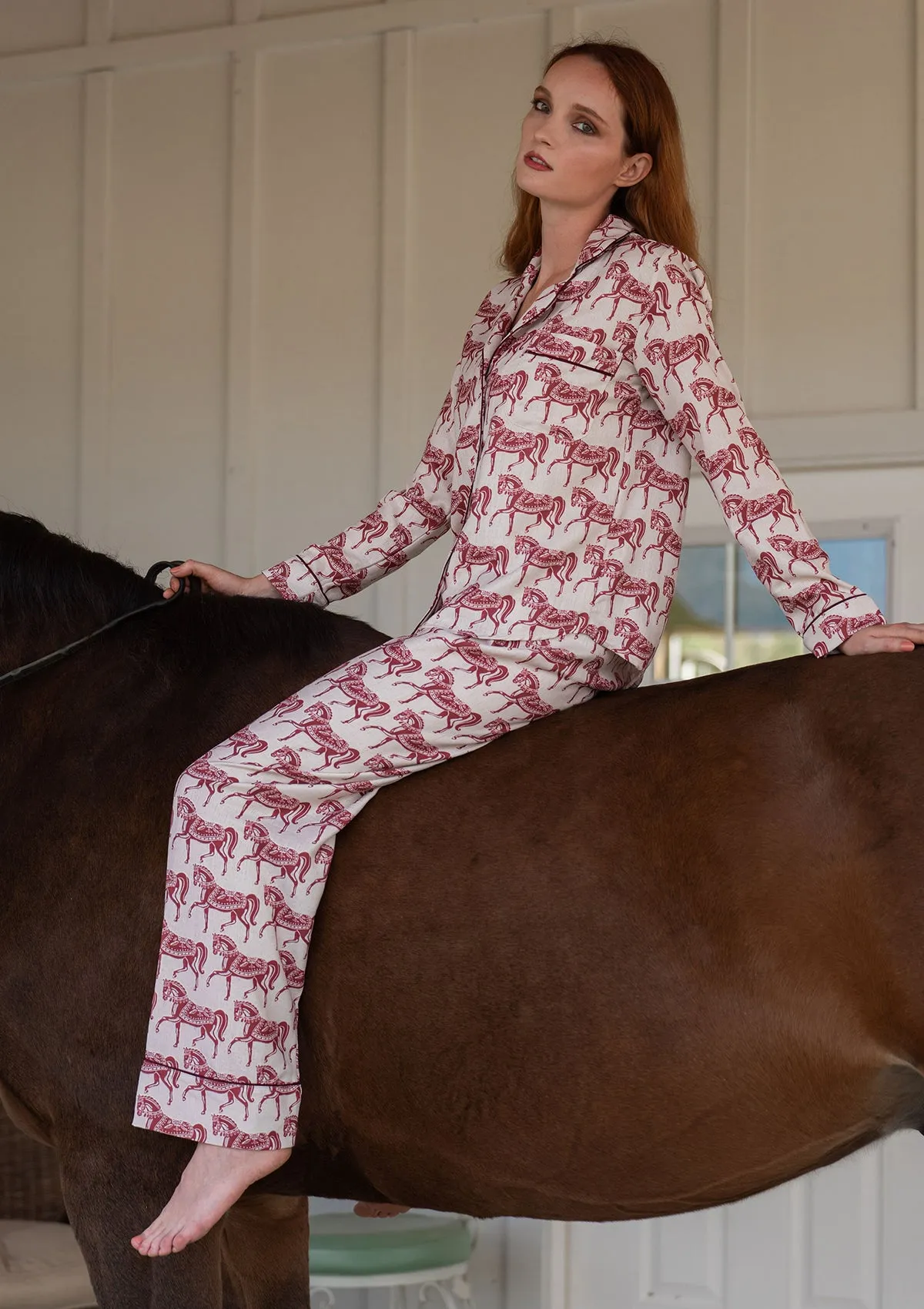 Whisper Long Sleeve PJ's | Blossomare Print | Crimson Cream | Equestrian Sleepwear Collection