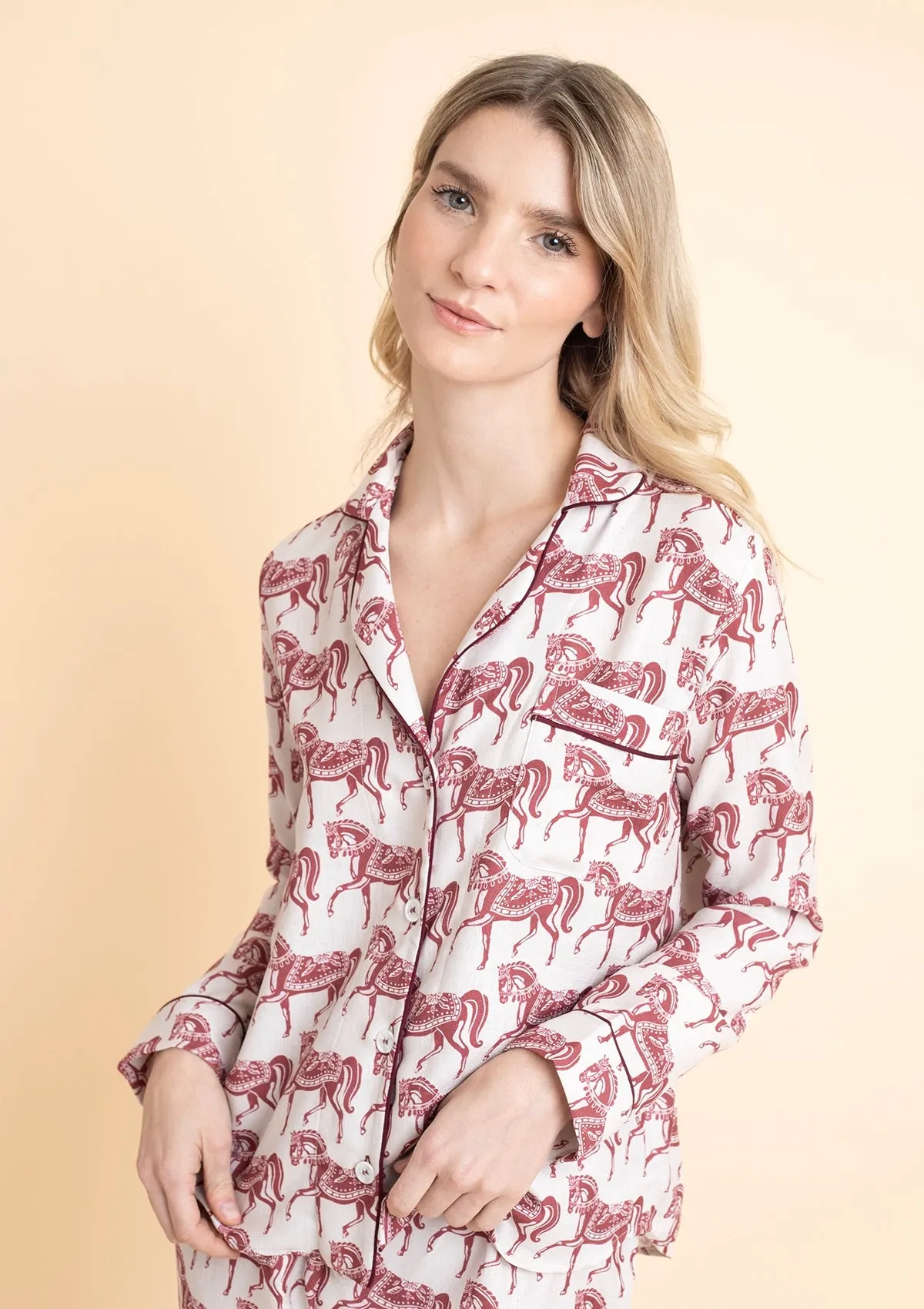 Whisper Long Sleeve PJ's | Blossomare Print | Crimson Cream | Equestrian Sleepwear Collection