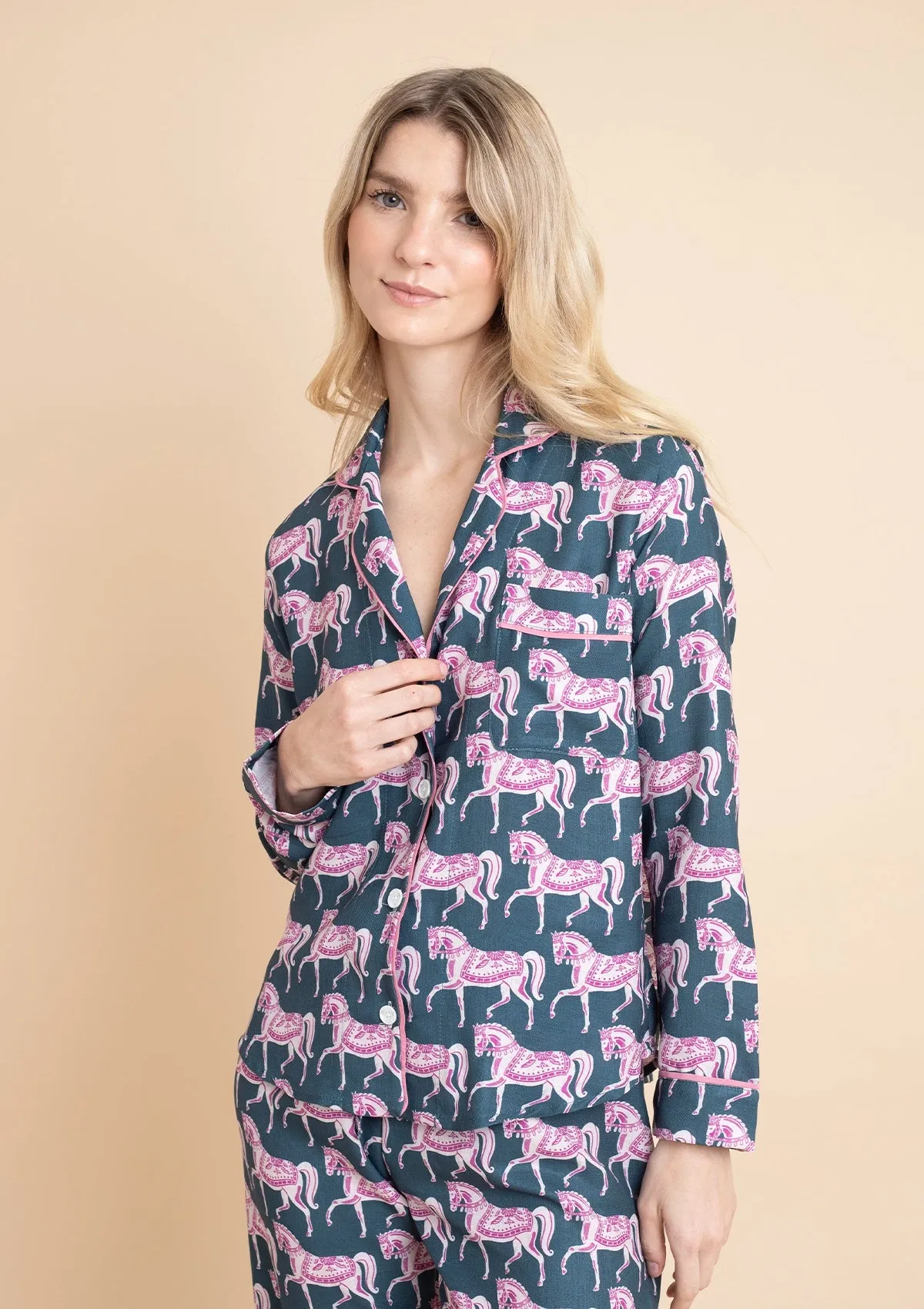 Whisper Long Sleeve PJ's | Blossomare Print | Green & Blush | Equestrian Sleepwear Collection