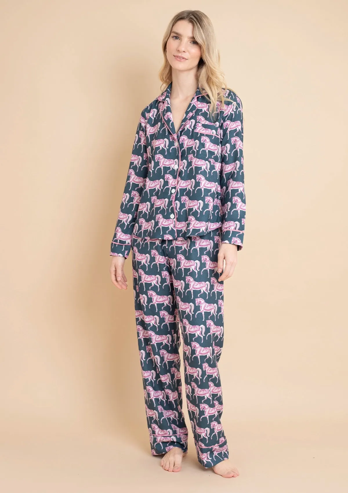 Whisper Long Sleeve PJ's | Blossomare Print | Green & Blush | Equestrian Sleepwear Collection