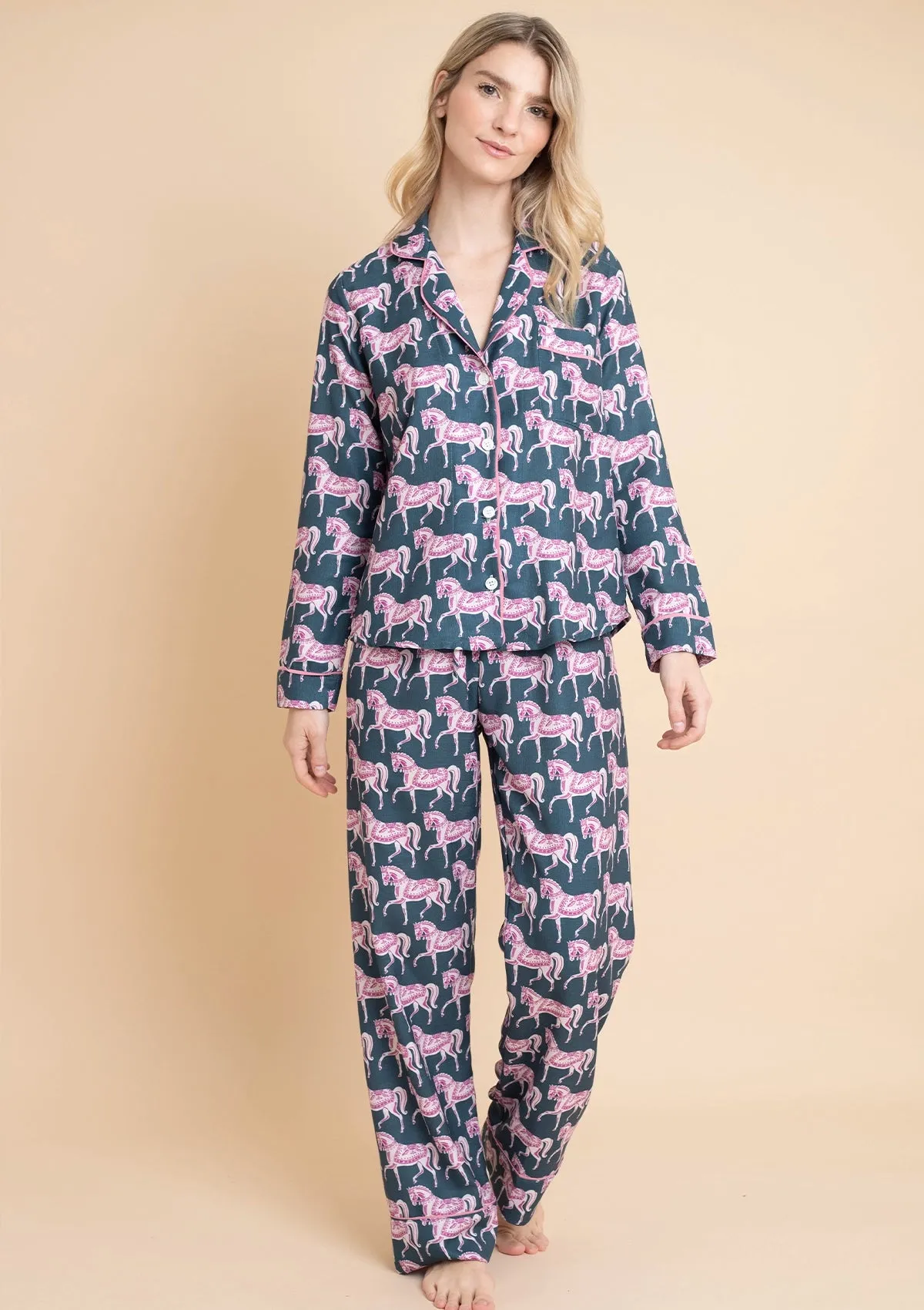 Whisper Long Sleeve PJ's | Blossomare Print | Green & Blush | Equestrian Sleepwear Collection