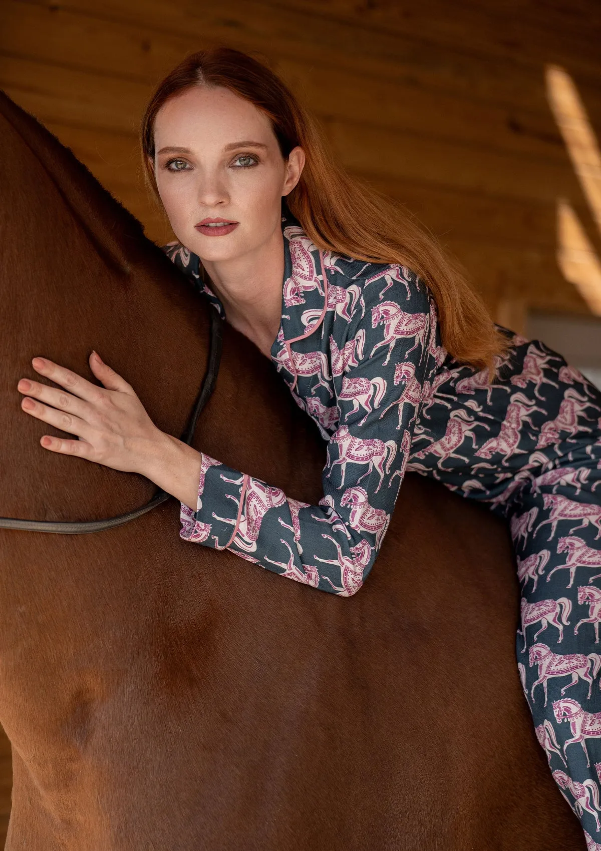 Whisper Long Sleeve PJ's | Blossomare Print | Green & Blush | Equestrian Sleepwear Collection