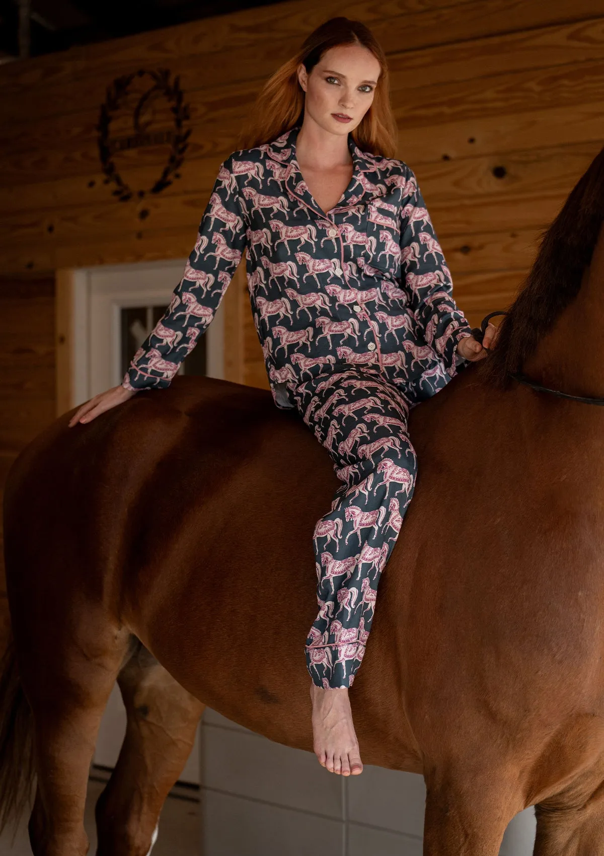 Whisper Long Sleeve PJ's | Blossomare Print | Green & Blush | Equestrian Sleepwear Collection