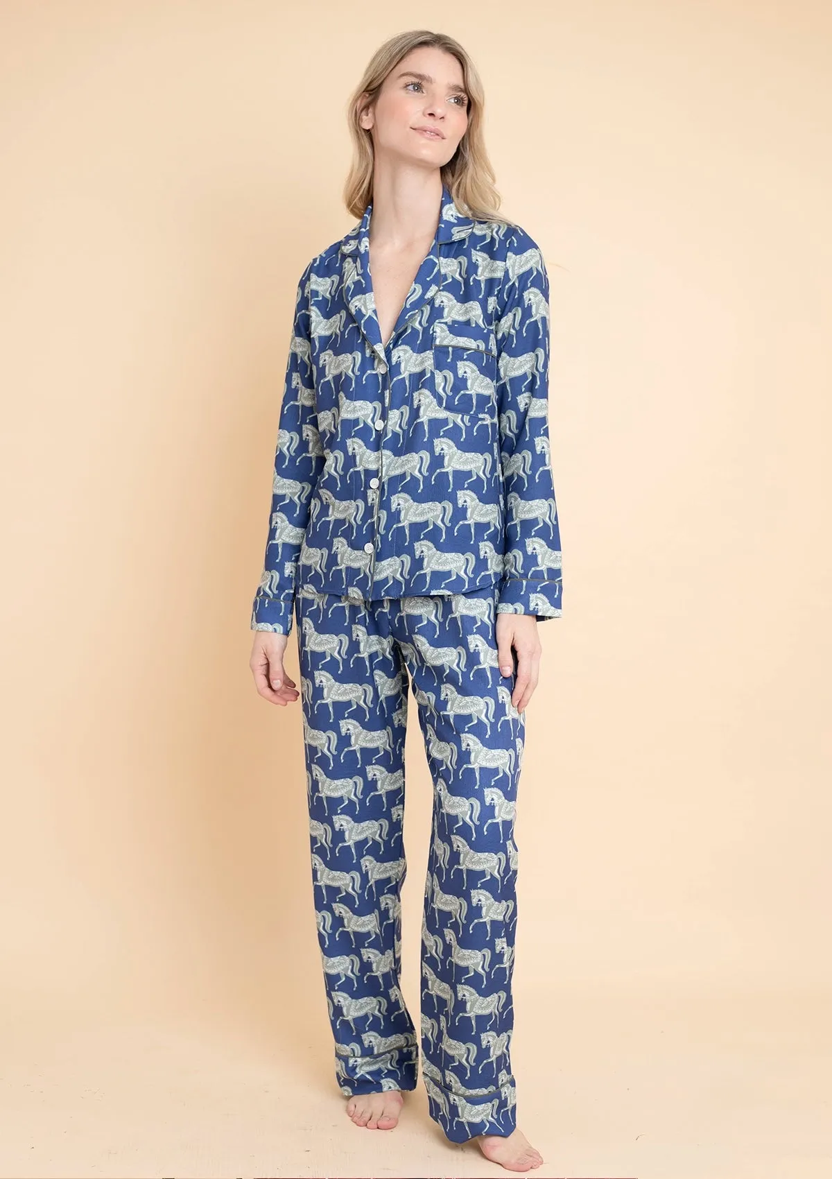 Whisper Long Sleeve PJ's Set | Blossomare Print | Navy & Green | Equestrian Sleepwear Collection