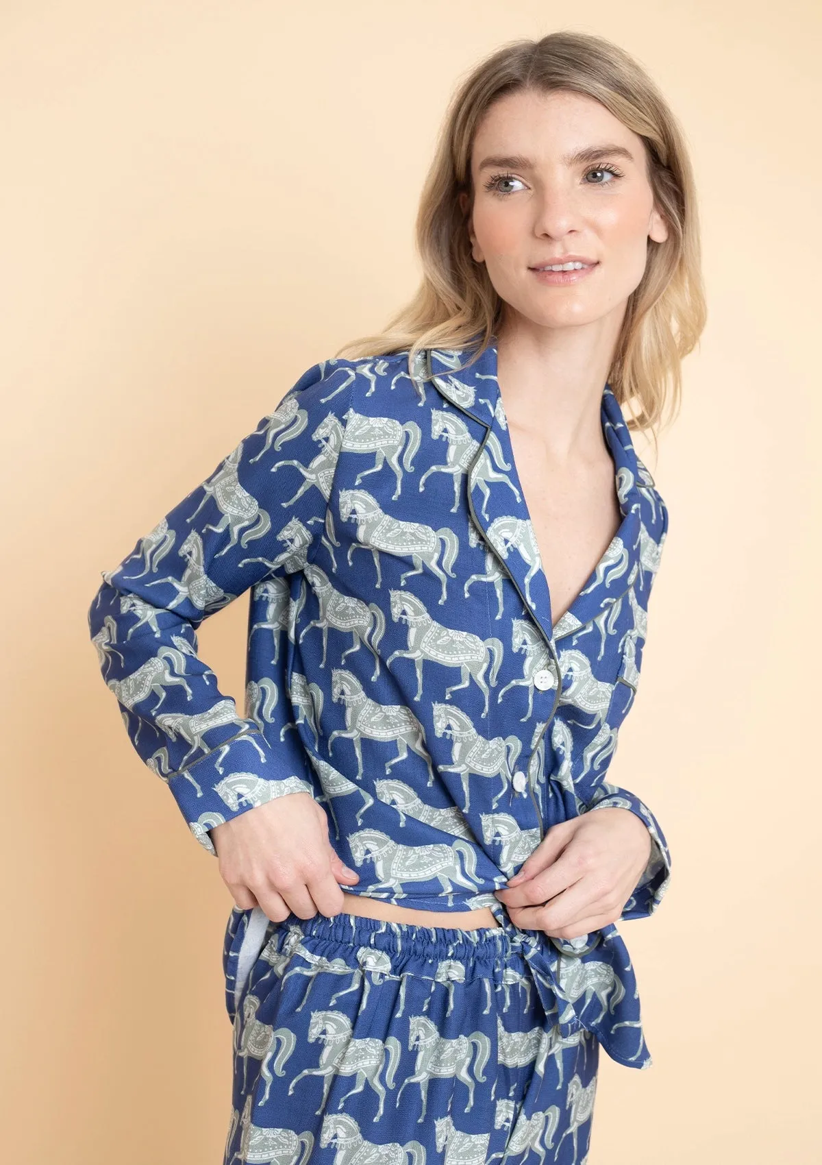 Whisper Long Sleeve PJ's Set | Blossomare Print | Navy & Green | Equestrian Sleepwear Collection